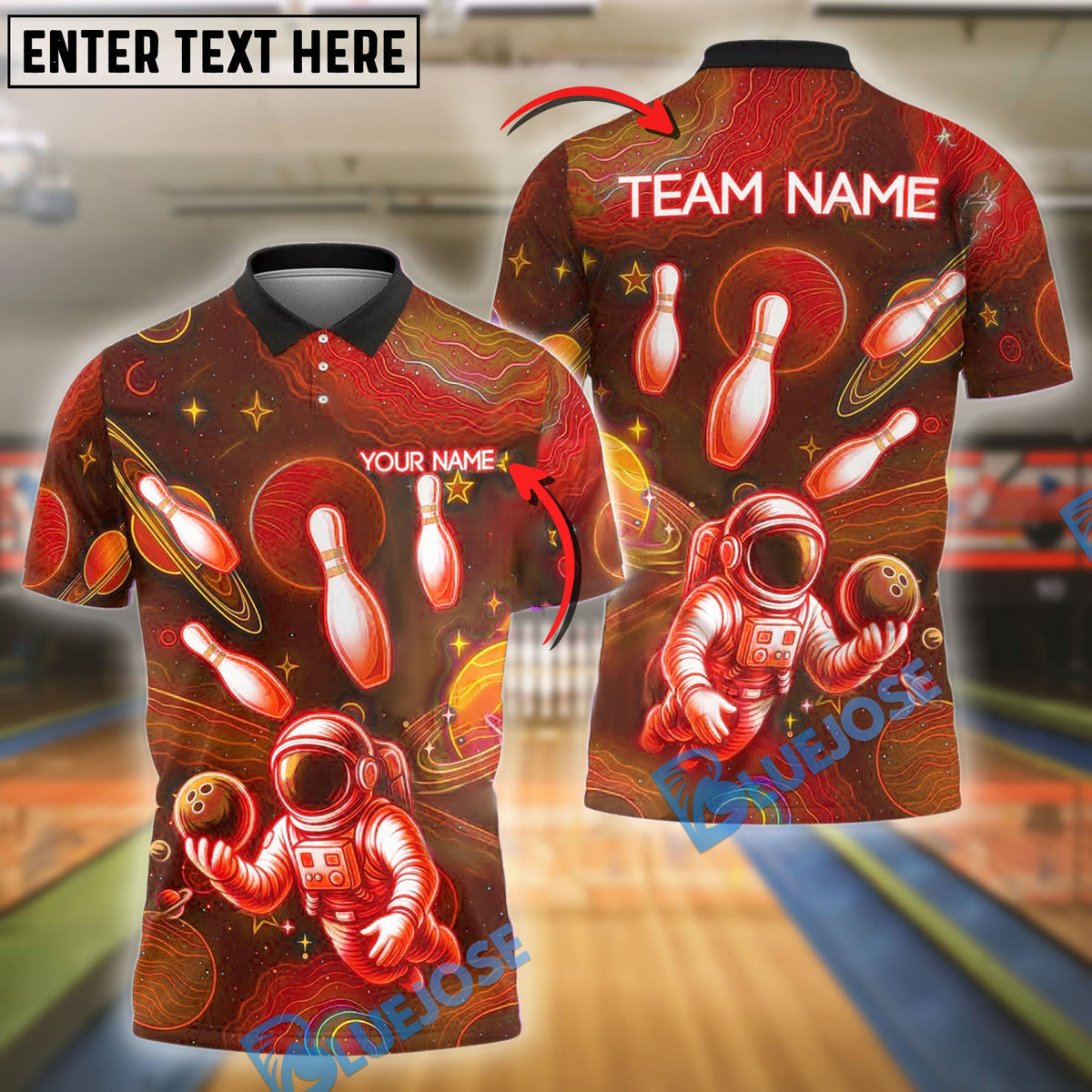 BlueJose Bowling And Pins Space Astronaut Neon Galaxy Customized Name, Team Name 3D Shirt (4 Colors)