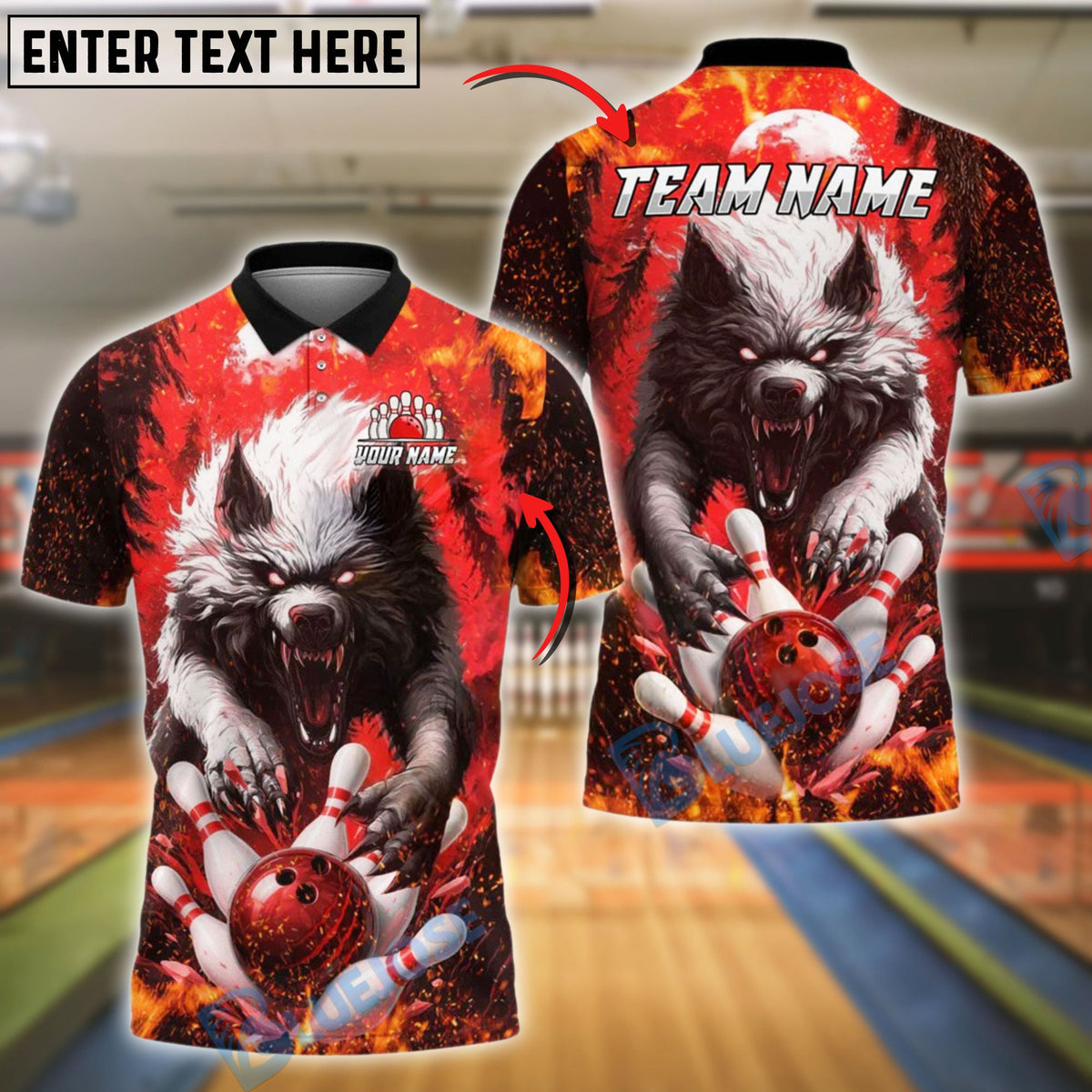 BlueJose Bowling And Pins Wolf Fire Attack Customized Name, Team Name 3D Shirt (4 Colors)