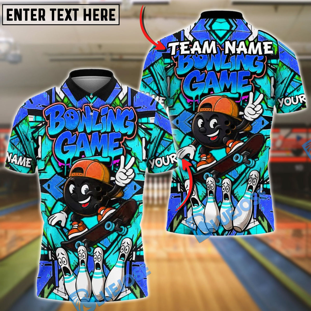 BlueJose Bowling And Pins Skateboarding Graffiti Street Style Customized Name, Team Name 3D Shirt (4 Colors)