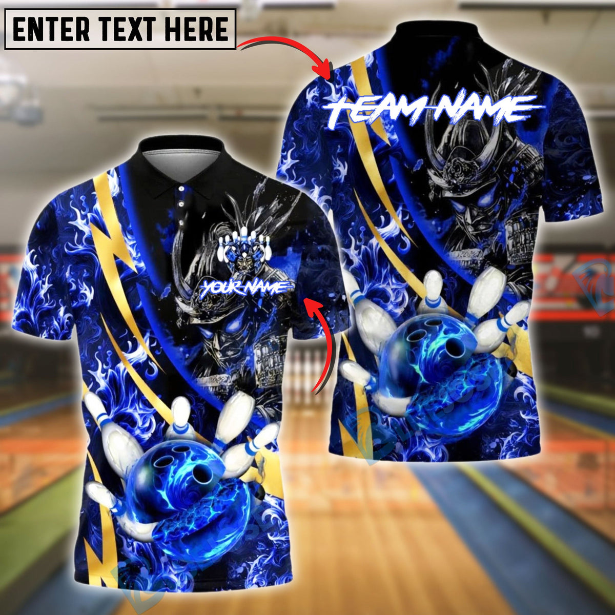 BlueJose Bowling Samurai Line Gold Premium Fire Ball Customized Name, Team Name 3D Shirt (4 Colors)