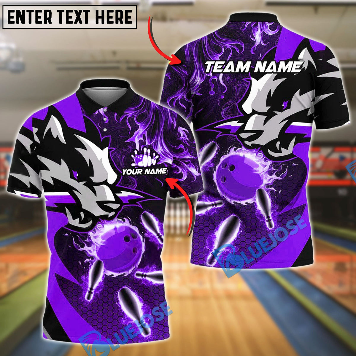 BlueJose Bowling Wolf Flame Strike Customized Name, Team Name 3D Shirt (4 Colors)