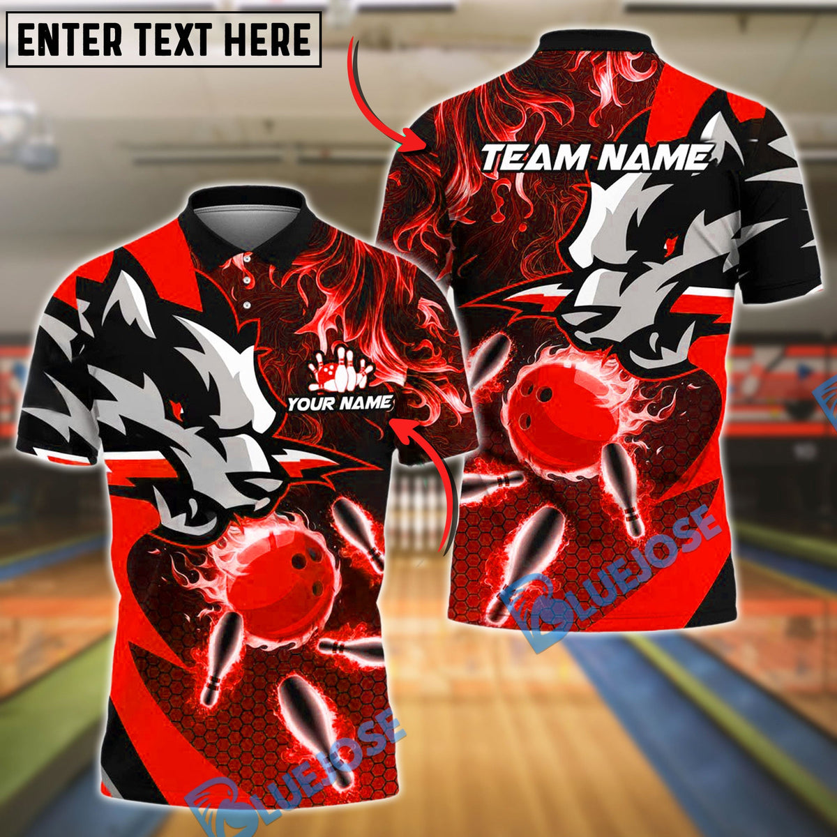 BlueJose Bowling Wolf Flame Strike Customized Name, Team Name 3D Shirt (4 Colors)
