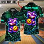 BlueJose Bowling And Pins Neon Funny Smiley Face Customized Name, Team Name 3D Shirt (4 Colors)