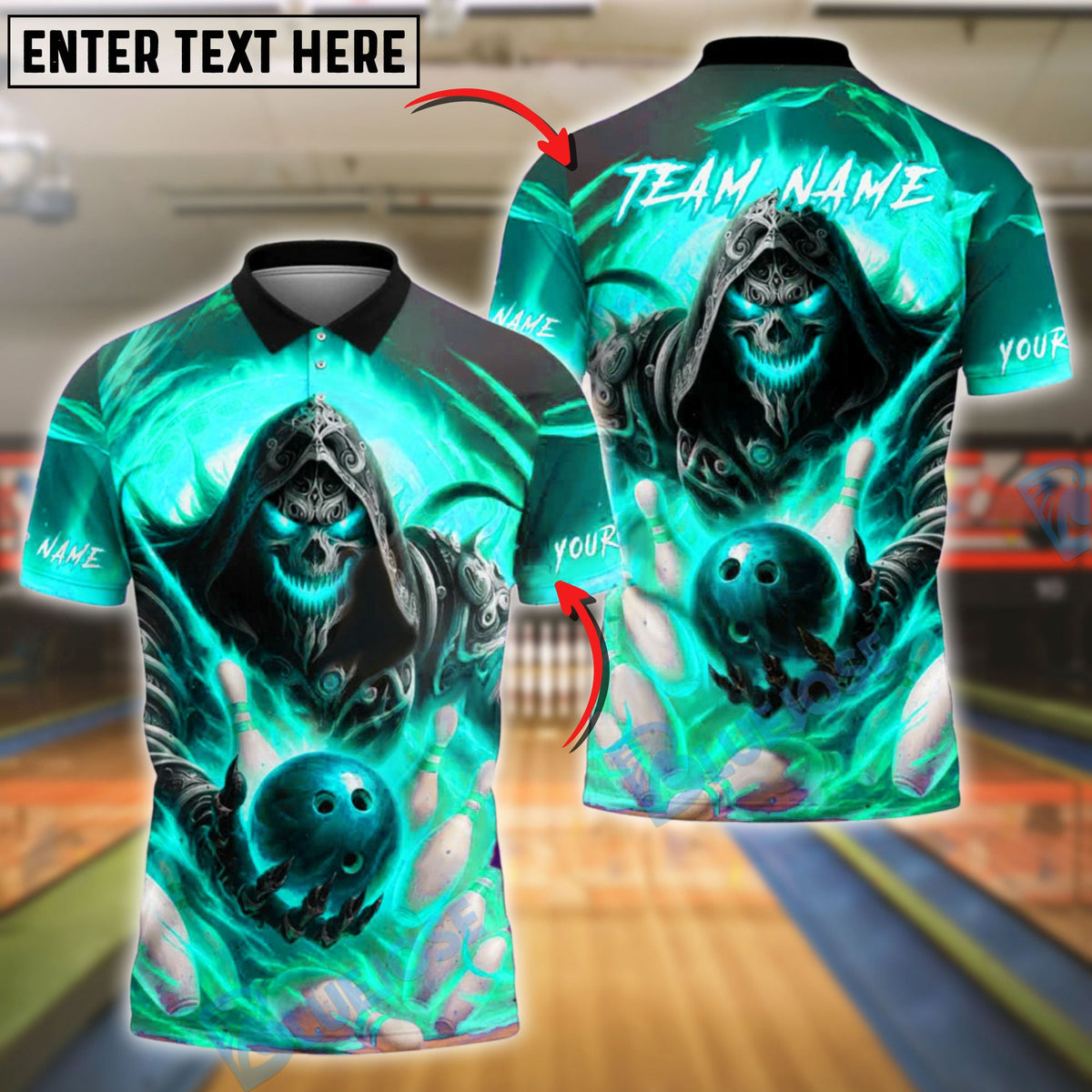 BlueJose Bowling Grim Reaper Flames Customized Name, Team Name 3D Shirt (4 Colors)