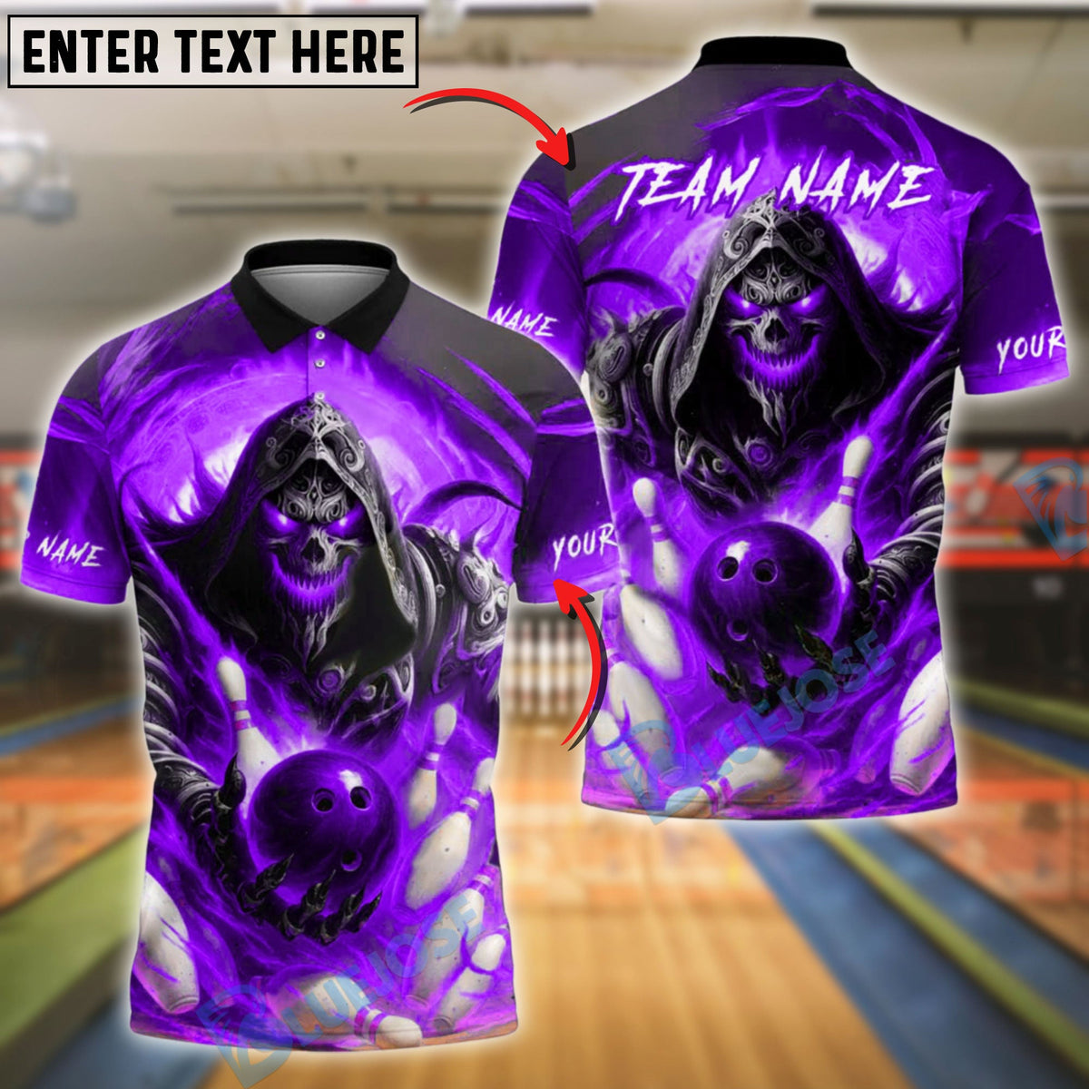 BlueJose Bowling Grim Reaper Flames Customized Name, Team Name 3D Shirt (4 Colors)