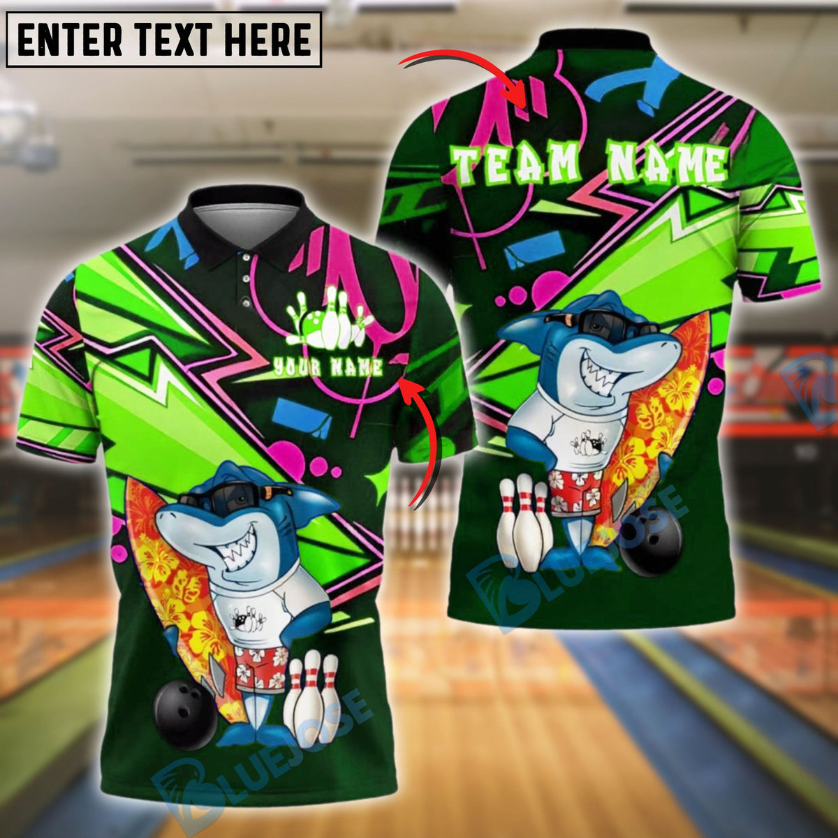 BlueJose Bowling Cool Shark With Surfboard Tropical Style Customized Name, Team Name 3D Shirt (4 Colors)