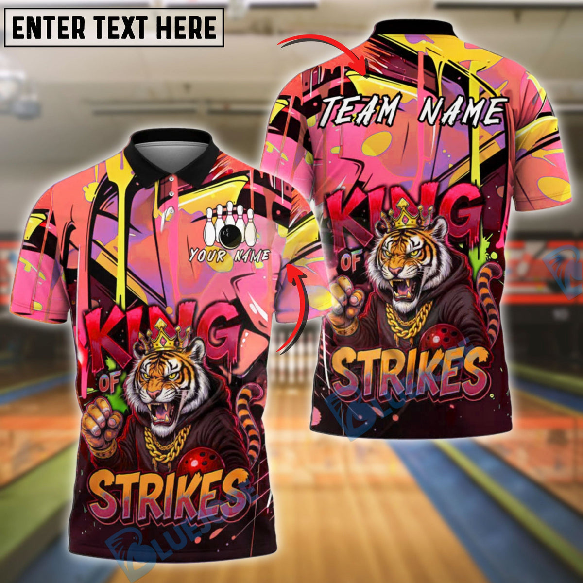 BlueJose Bowling Tiger King Of Strikes Graffiti Style Customized Name, Team Name 3D Shirt (4 Colors)