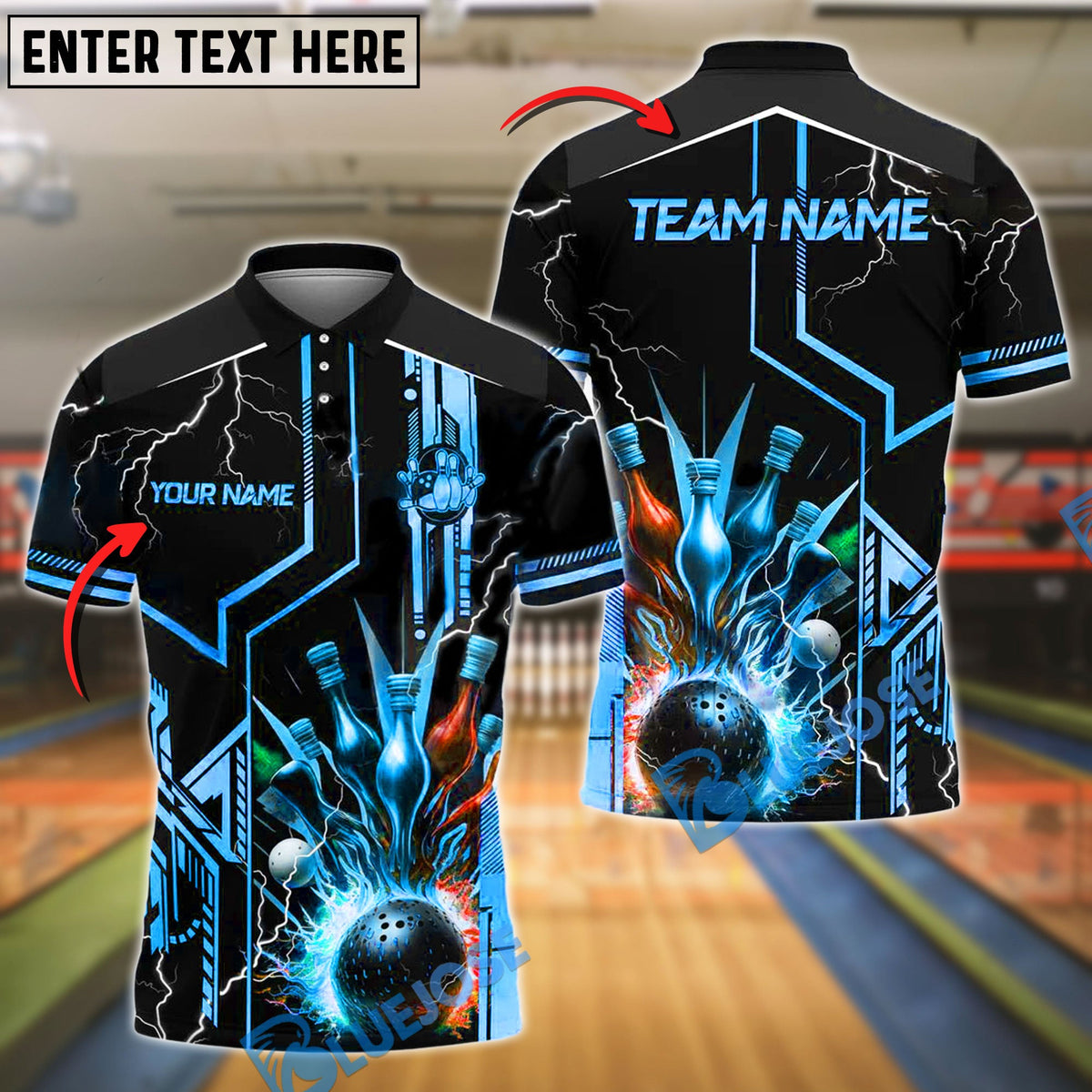 BlueJose Bowling And Pins Strike Explosion Lightning Customized Name, Team Name 3D Shirt (4 Colors)