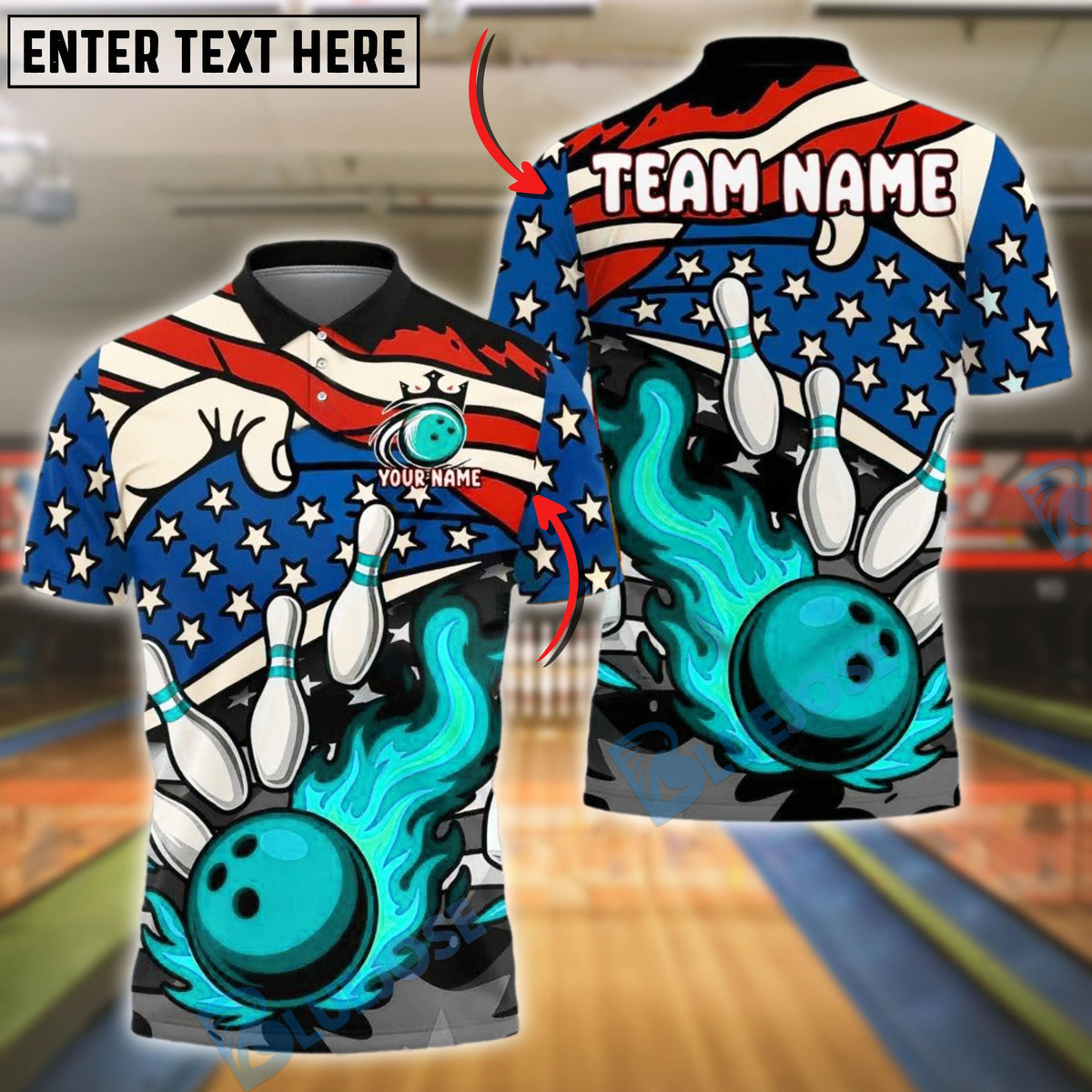 BlueJose Bowling And Pins Flame Ball Explosion USA Flag Customized Name, Team Name 3D Shirt (4 Colors)