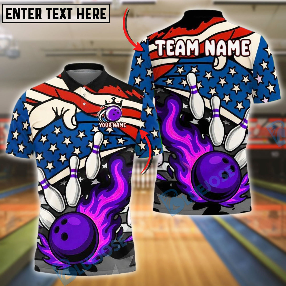 BlueJose Bowling And Pins Flame Ball Explosion USA Flag Customized Name, Team Name 3D Shirt (4 Colors)