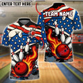 BlueJose Bowling And Pins Flame Ball Explosion USA Flag Customized Name, Team Name 3D Shirt (4 Colors)