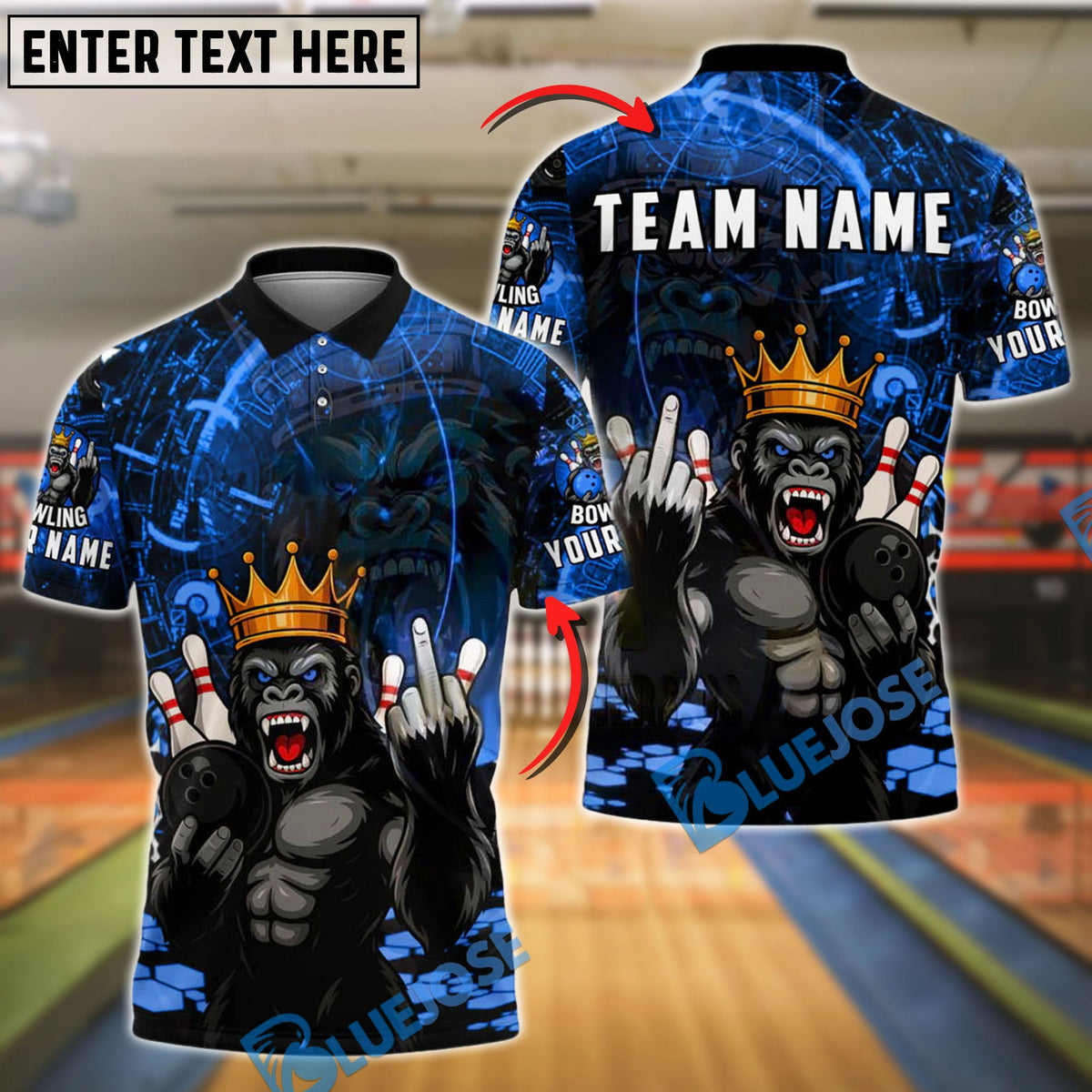 BlueJose Bowling And Pins  Gorilla King Rebel Attitude Customized Name, Team Name 3D Shirt (4 Colors)