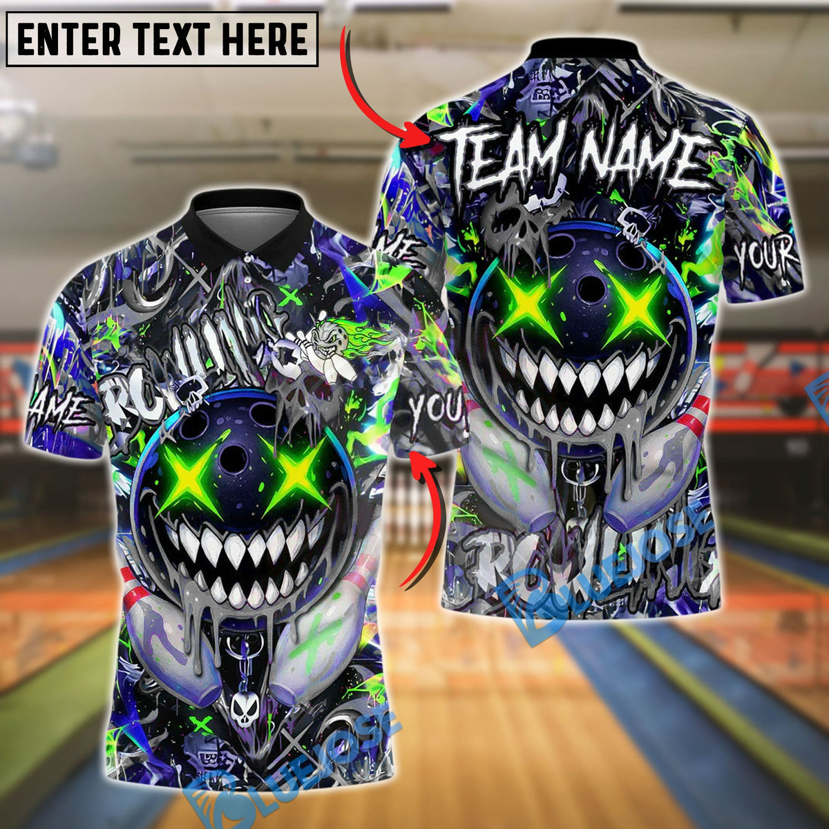 BlueJose Bowling And Pins Crazy Smile Neon Graffiti Customized Name, Team Name 3D Shirt (4 Colors)