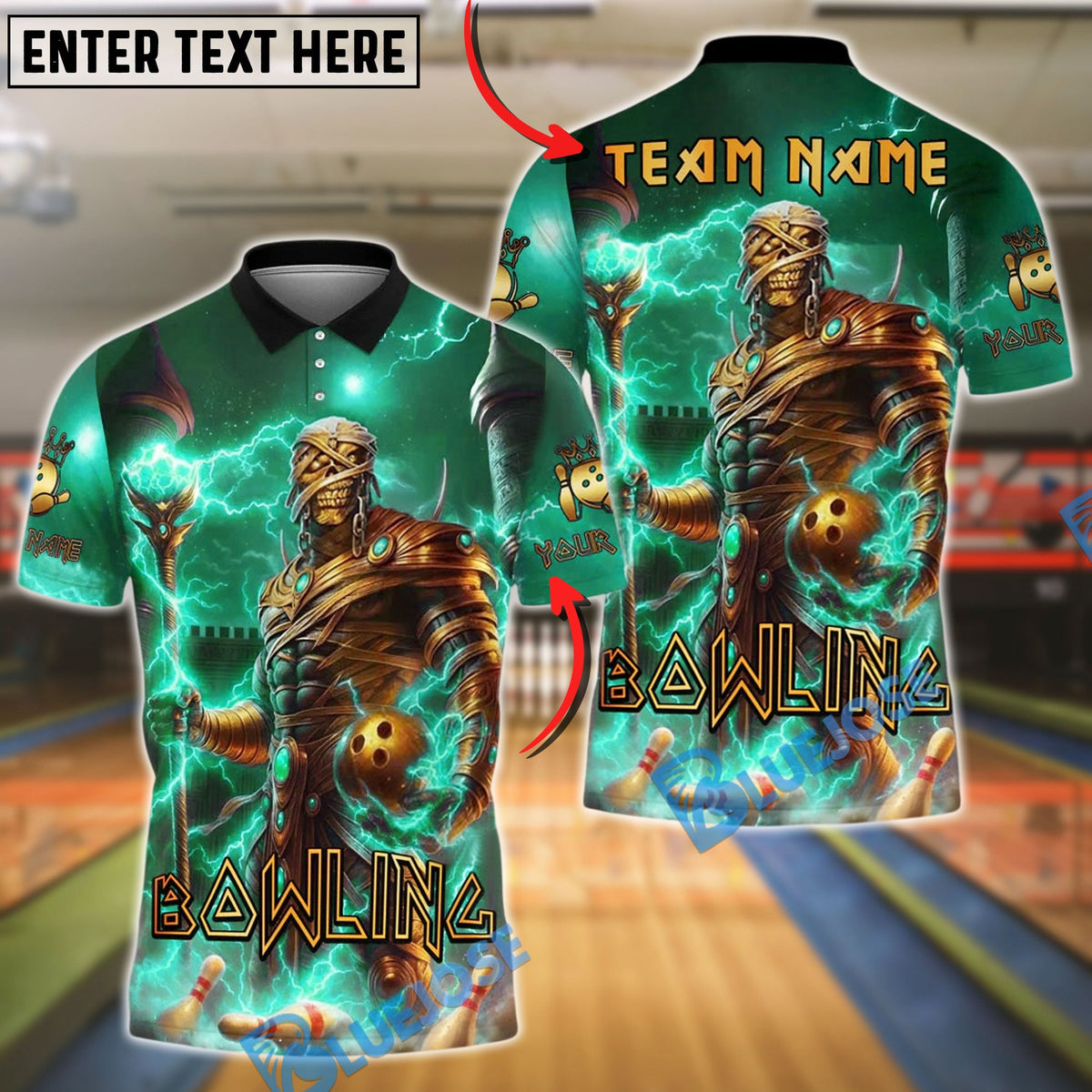 BlueJose Bowling And Pins Mummy Lightning Golden Ball Customized Name, Team Name 3D Shirt (4 Colors)