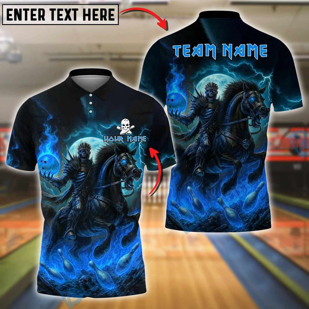 BlueJose Bowling And Pins Rider Dark Horse Blue Flame Customized Name, Team Name 3D Shirt (4 Colors)