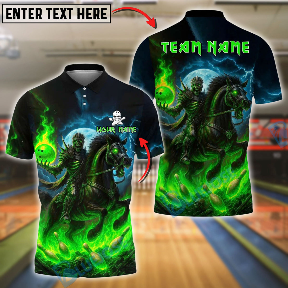 BlueJose Bowling And Pins Rider Dark Horse Blue Flame Customized Name, Team Name 3D Shirt (4 Colors)