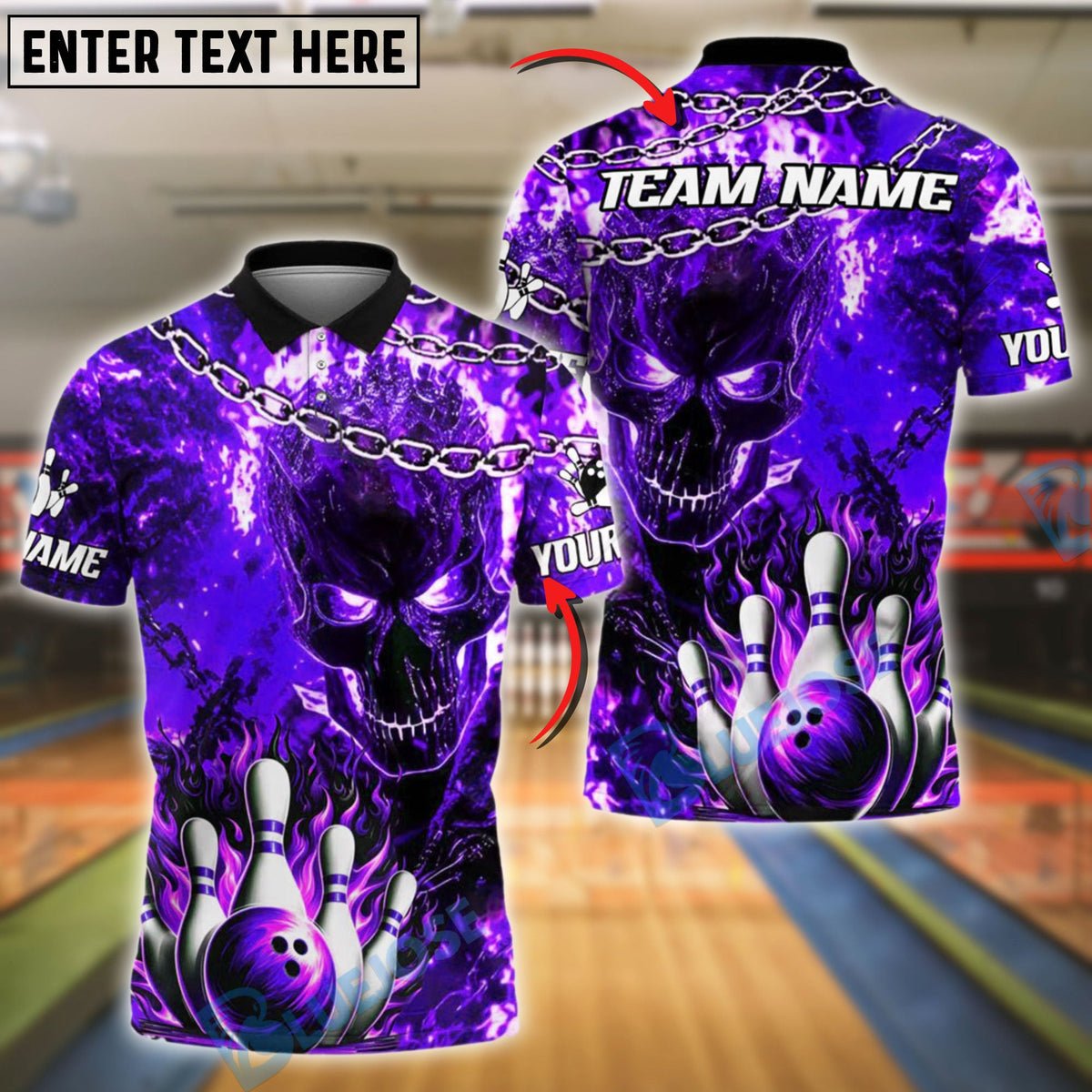 BlueJose Bowling And Pins Fiery Skull Chains Customized Name, Team Name 3D Shirt (4 Colors)