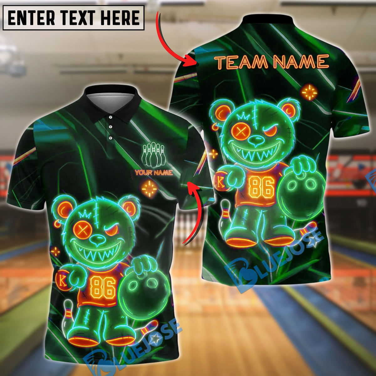 BlueJose Bowling And Pins Bear Neon Glow Customized Name, Team Name 3D Shirt (4 Colors)
