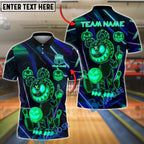 BlueJose Bowling And Pins Halloween Bear Pumpkin Neon Glow Customized Name, Team Name 3D Shirt (4 Colors)