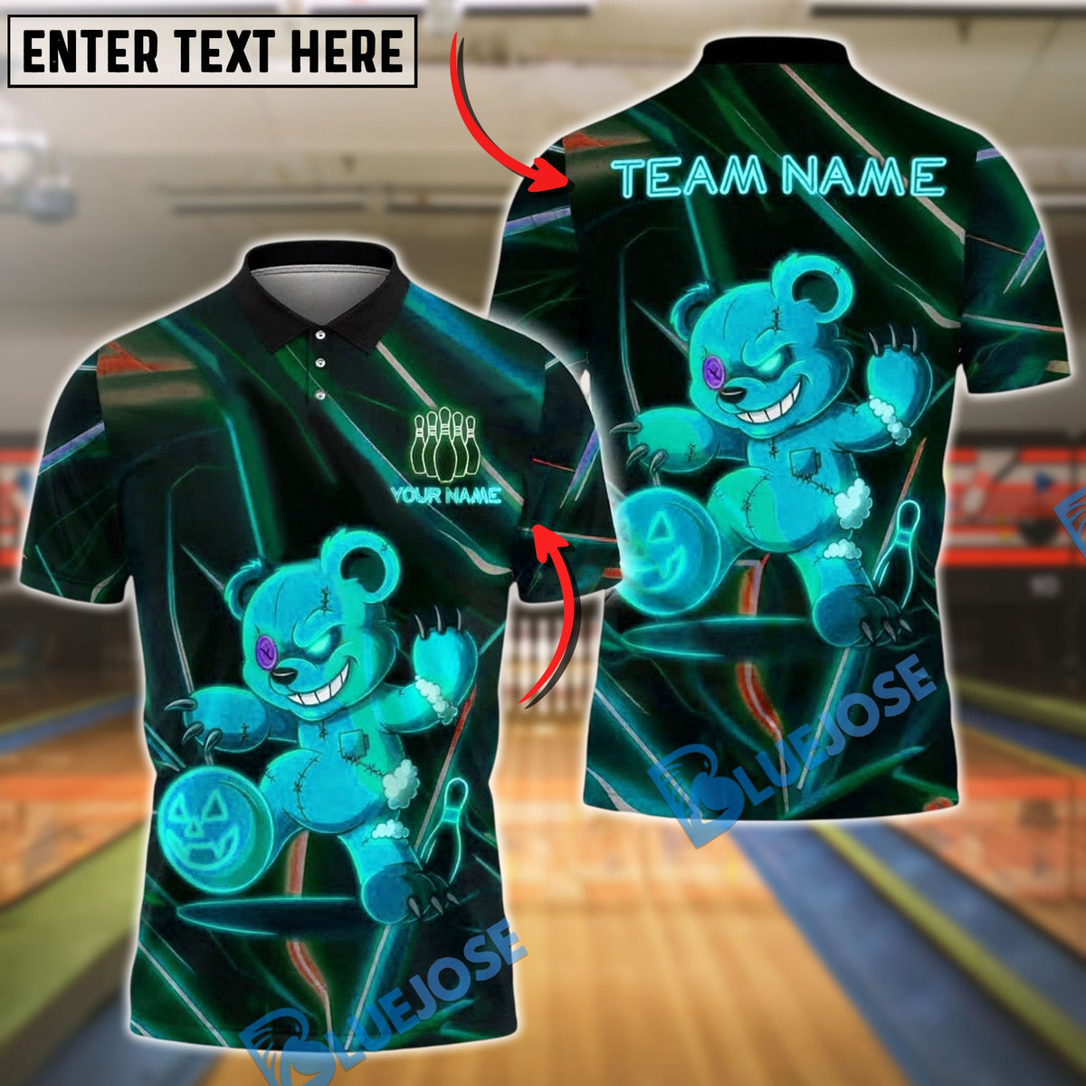 BlueJose Bowling And Pins Creepy Bear Customized Name, Team Name 3D Shirt (4 Colors)