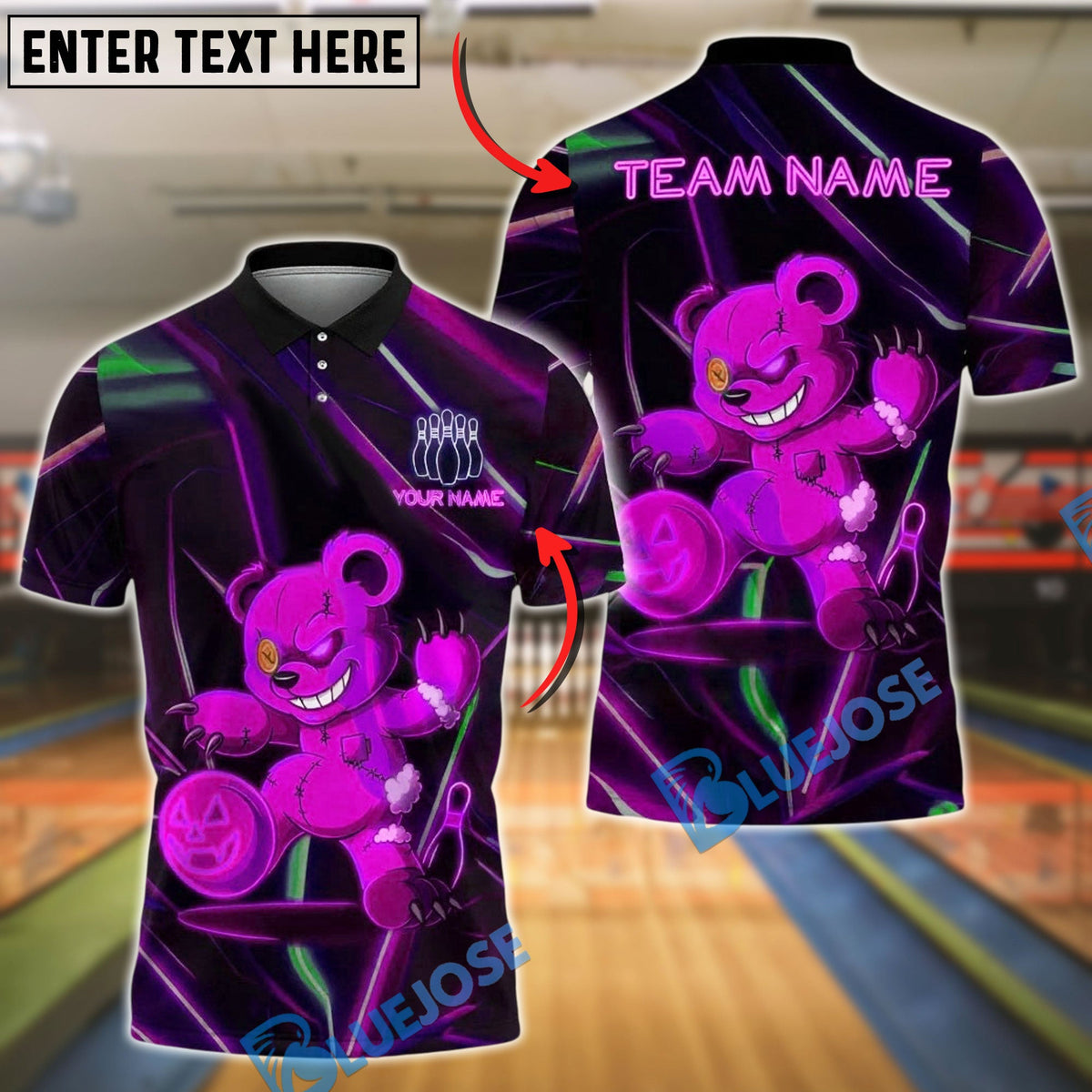 BlueJose Bowling And Pins Creepy Bear Customized Name, Team Name 3D Shirt (4 Colors)