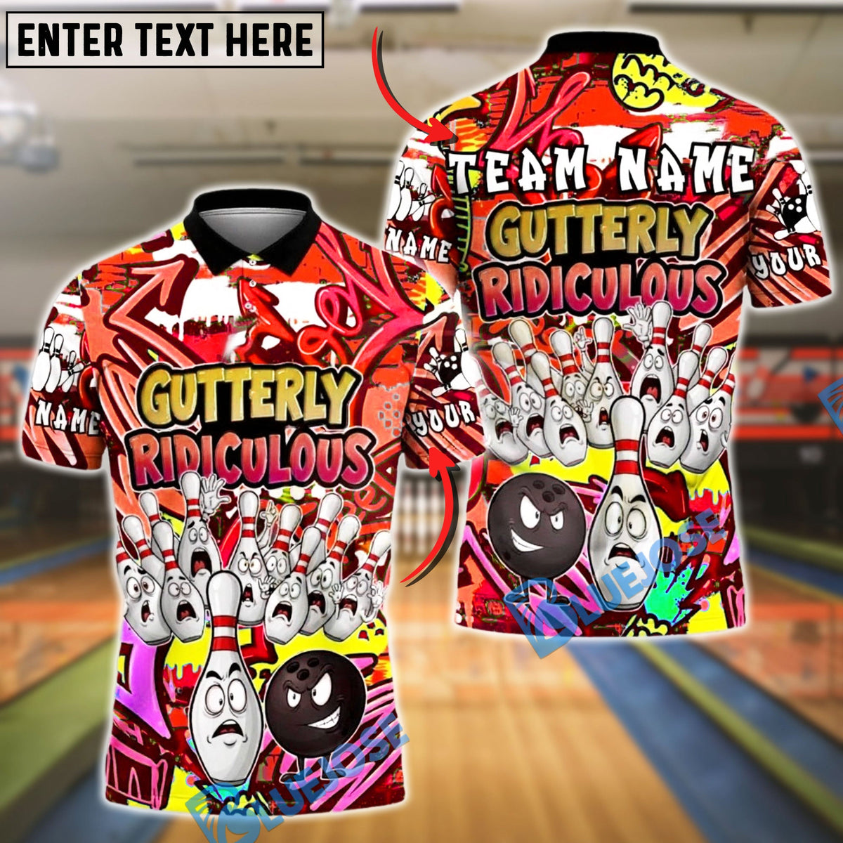 BlueJose Bowling Graffiti Funny Cartoon Pins Gutterly Ridiculous Customized Name, Team Name 3D Shirt (4 Colors)