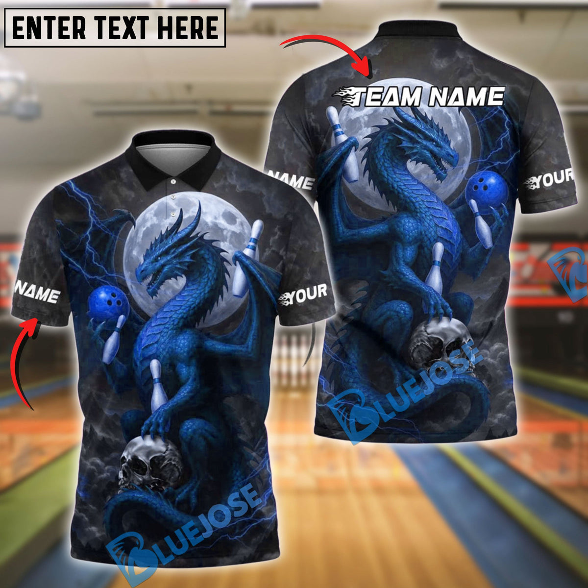 BlueJose Bowling Moonlight Dragon Skull Style Customized Name, Team Name 3D Shirt (4 Colors)