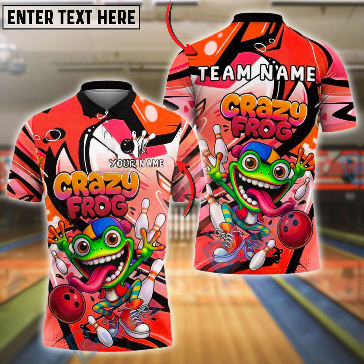 BlueJose Bowling And Pins Crazy Frog Cartoon Character Customized Name, Team Name 3D Shirt (4 Colors)