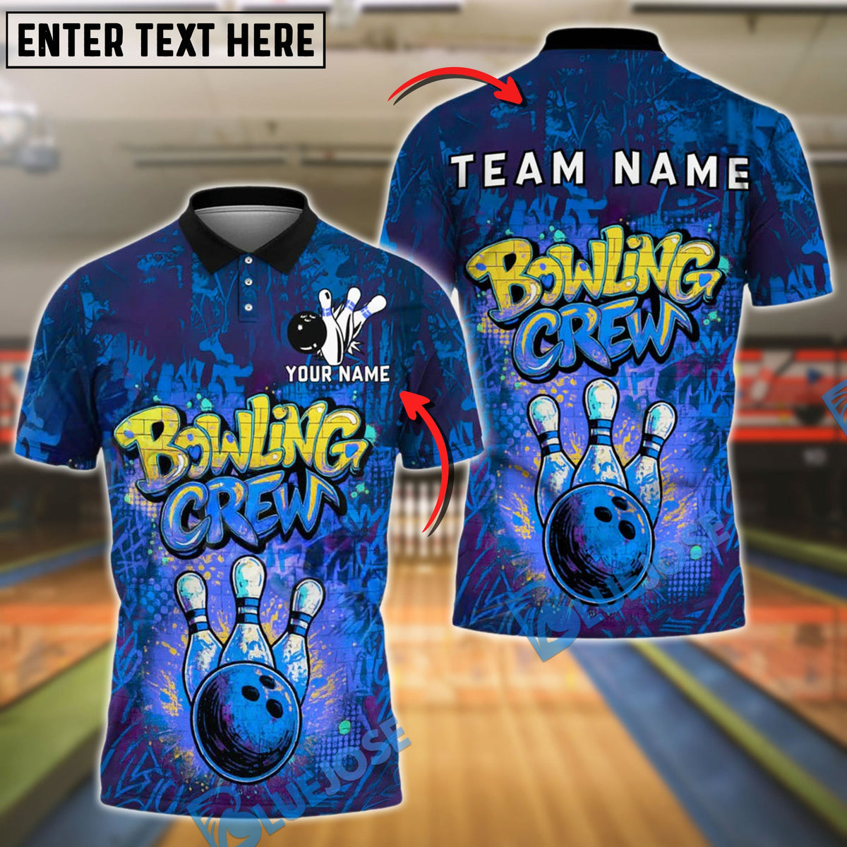 BlueJose Bowling And Pins Spray Bowling Crew Customized Name, Team Name 3D Shirt (4 Colors)