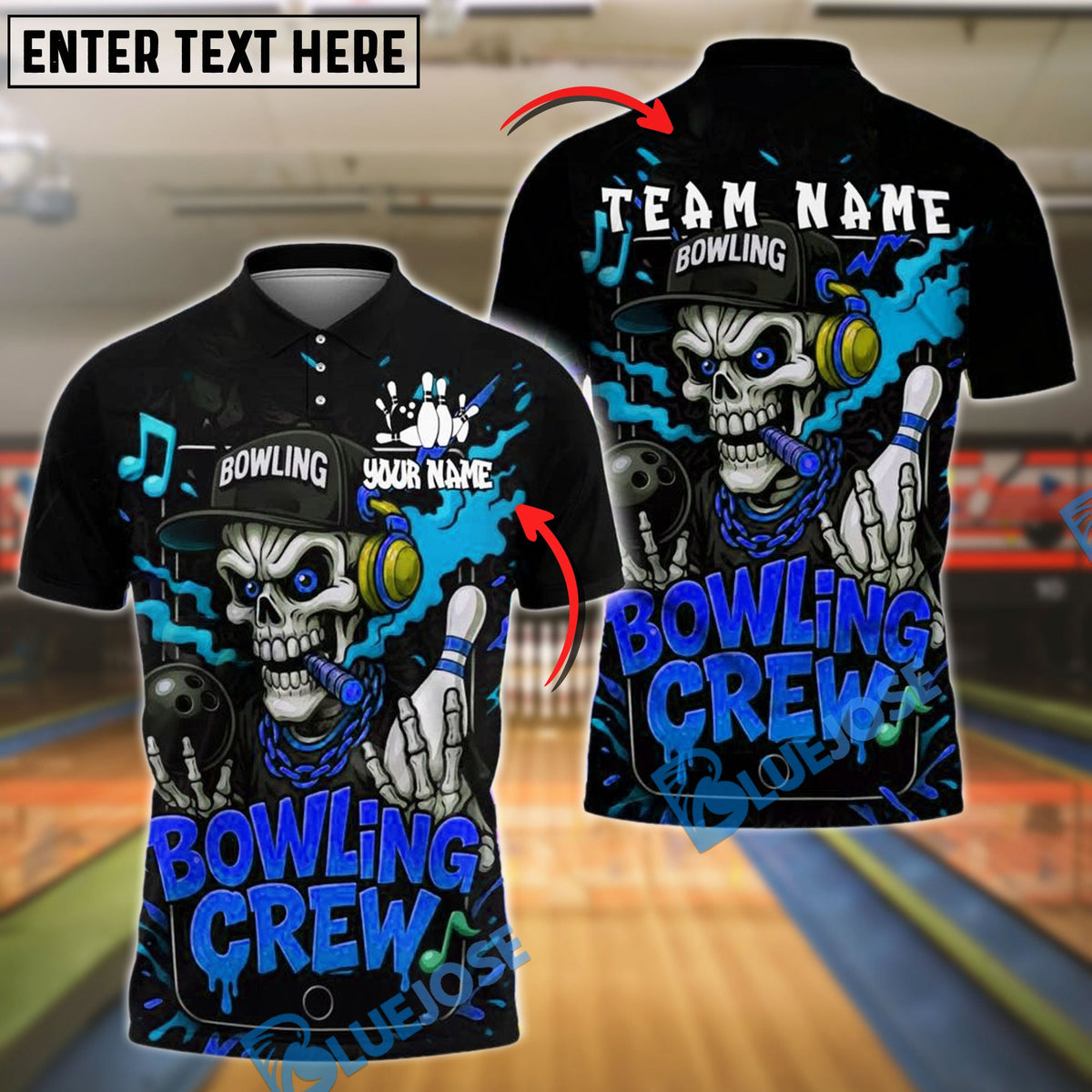 BlueJose Bowling And Pins Skull DJ Crew Customized Name, Team Name 3D Shirt (4 Colors)