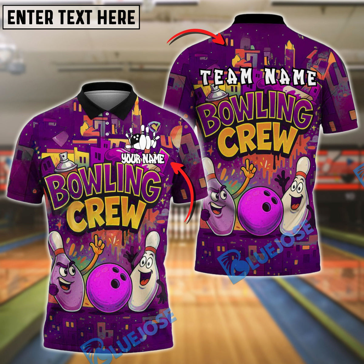 BlueJose Bowling And Pins Cartoon City Crew Customized Name, Team Name 3D Shirt (4 Colors)