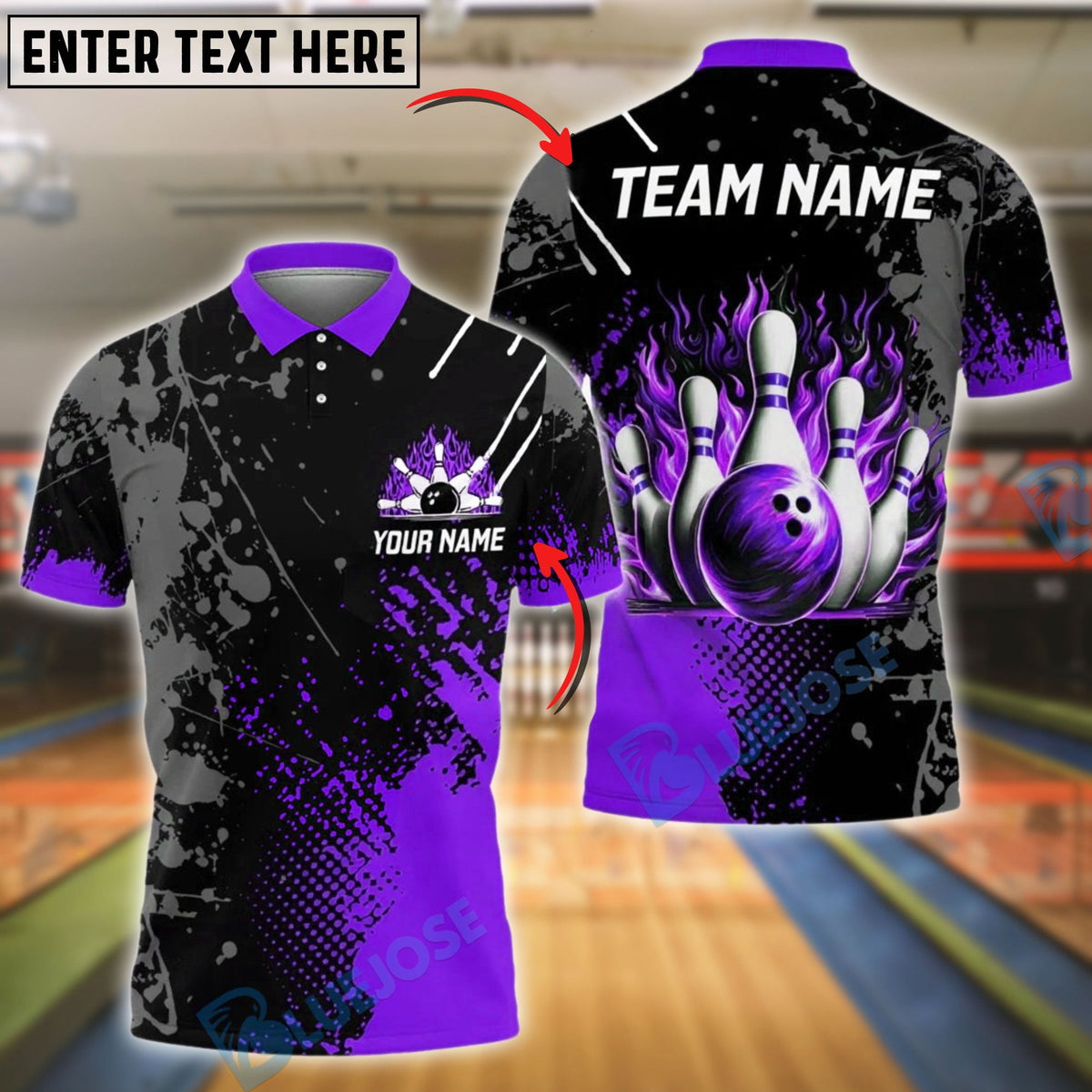 BlueJose Bowling Flame Ball & Pin Splash Design Customized Name, Team Name 3D Shirt (4 Colors)