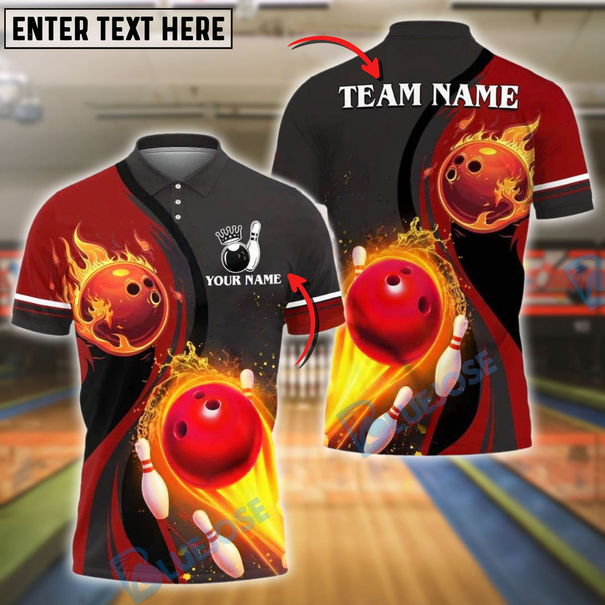 BlueJose Bowling And Pins Fiery Flame Customized Name, Team Name 3D Shirt (4 Colors)