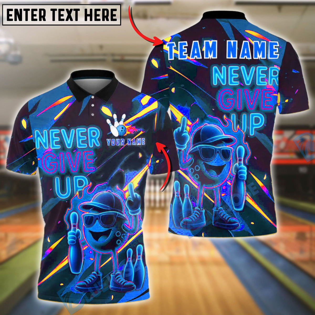 BlueJose Bowling Neon Cartoon Ball Never Give Up Customized Name, Team Name 3D Shirt (4 Colors)