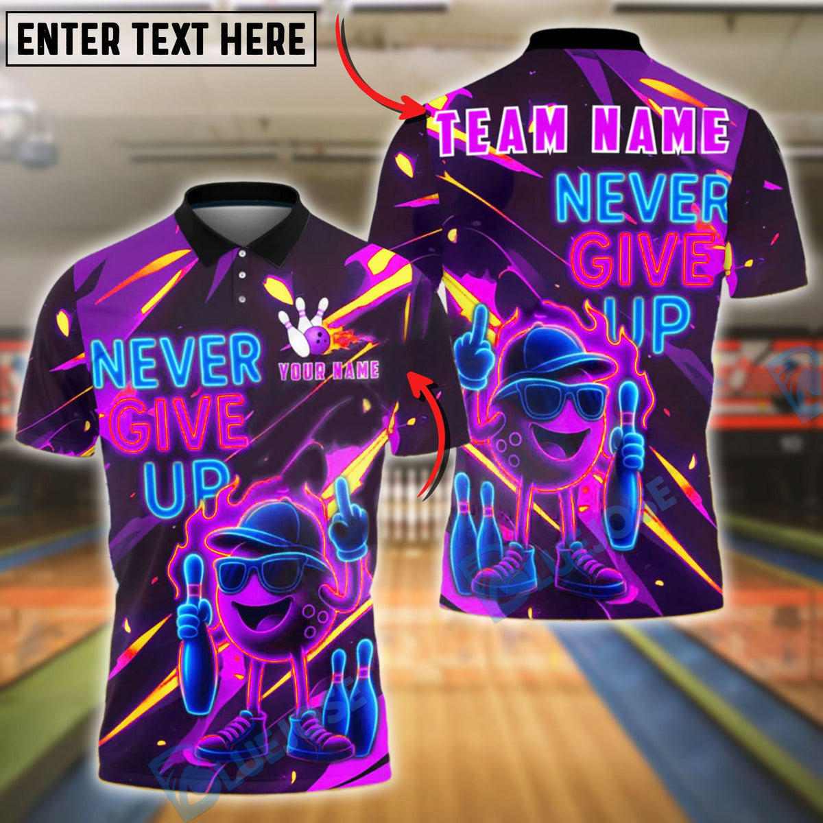 BlueJose Bowling Neon Cartoon Ball Never Give Up Customized Name, Team Name 3D Shirt (4 Colors)