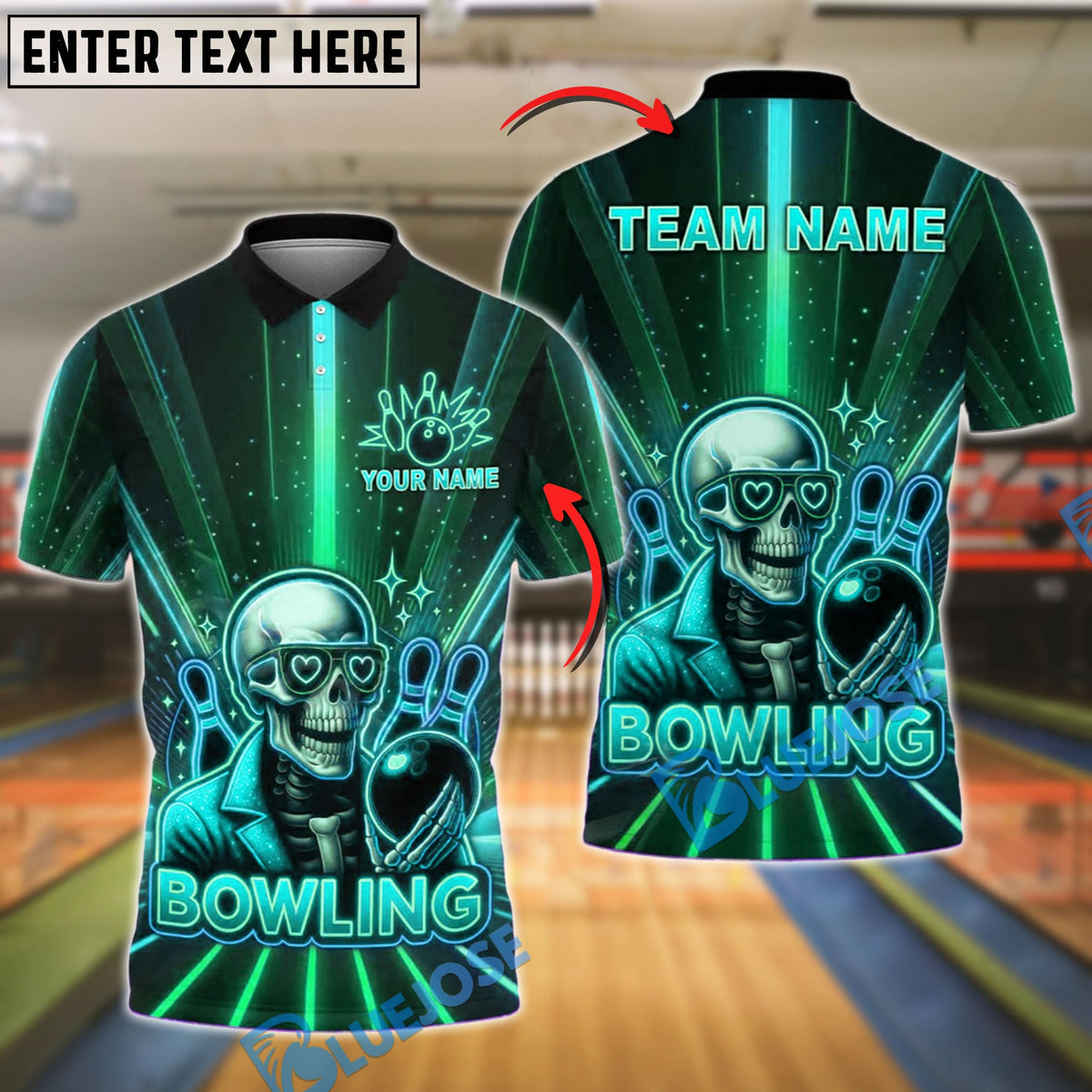 BlueJose Bowling Skull Neon Glow Customized Name, Team Name 3D Shirt (4 Colors)