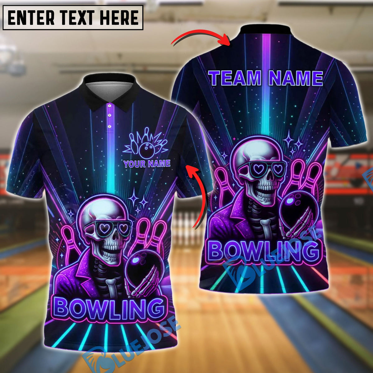 BlueJose Bowling Skull Neon Glow Customized Name, Team Name 3D Shirt (4 Colors)
