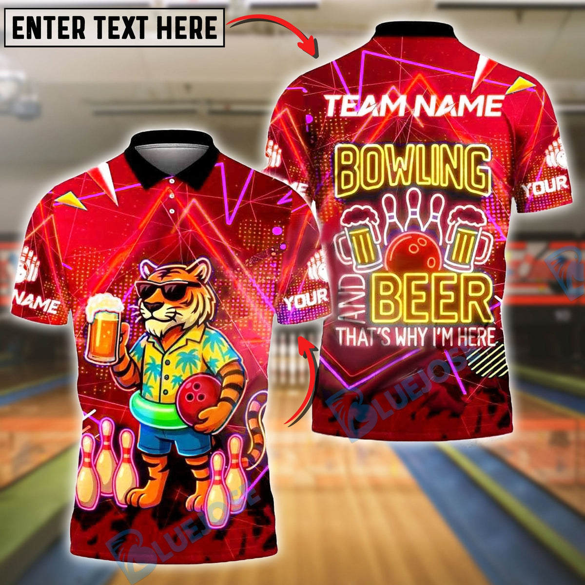 BlueJose Bowling And Pins Tiger Beer Neon Glow Customized Name, Team Name 3D Shirt (4 Colors)