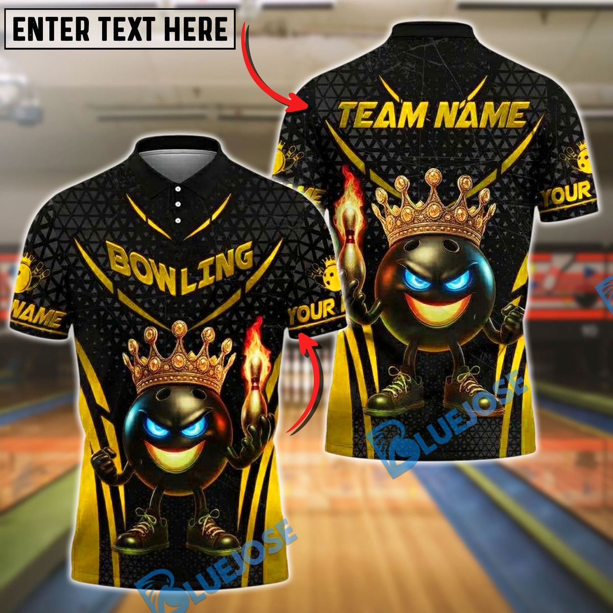 BlueJose Bowling And Pins King Flame Ball Black Gold Customized Name, Team Name 3D Shirt (4 Colors)