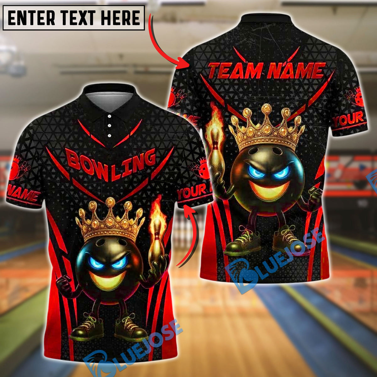 BlueJose Bowling And Pins King Flame Ball Black Gold Customized Name, Team Name 3D Shirt (4 Colors)