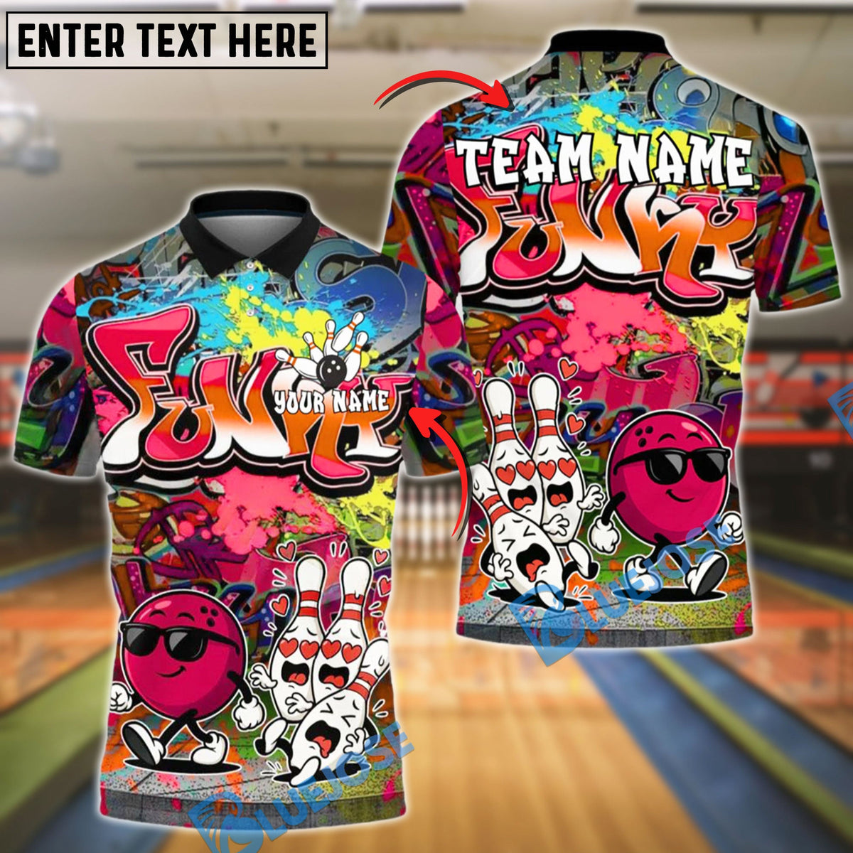 BlueJose Bowling Funky Love Ball Cool Graffiti Style Customized Name, Team Name 3D Shirt (4 Colors)