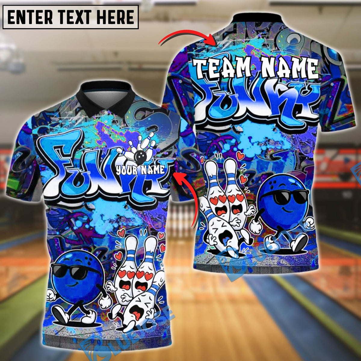 BlueJose Bowling Funky Love Ball Cool Graffiti Style Customized Name, Team Name 3D Shirt (4 Colors)