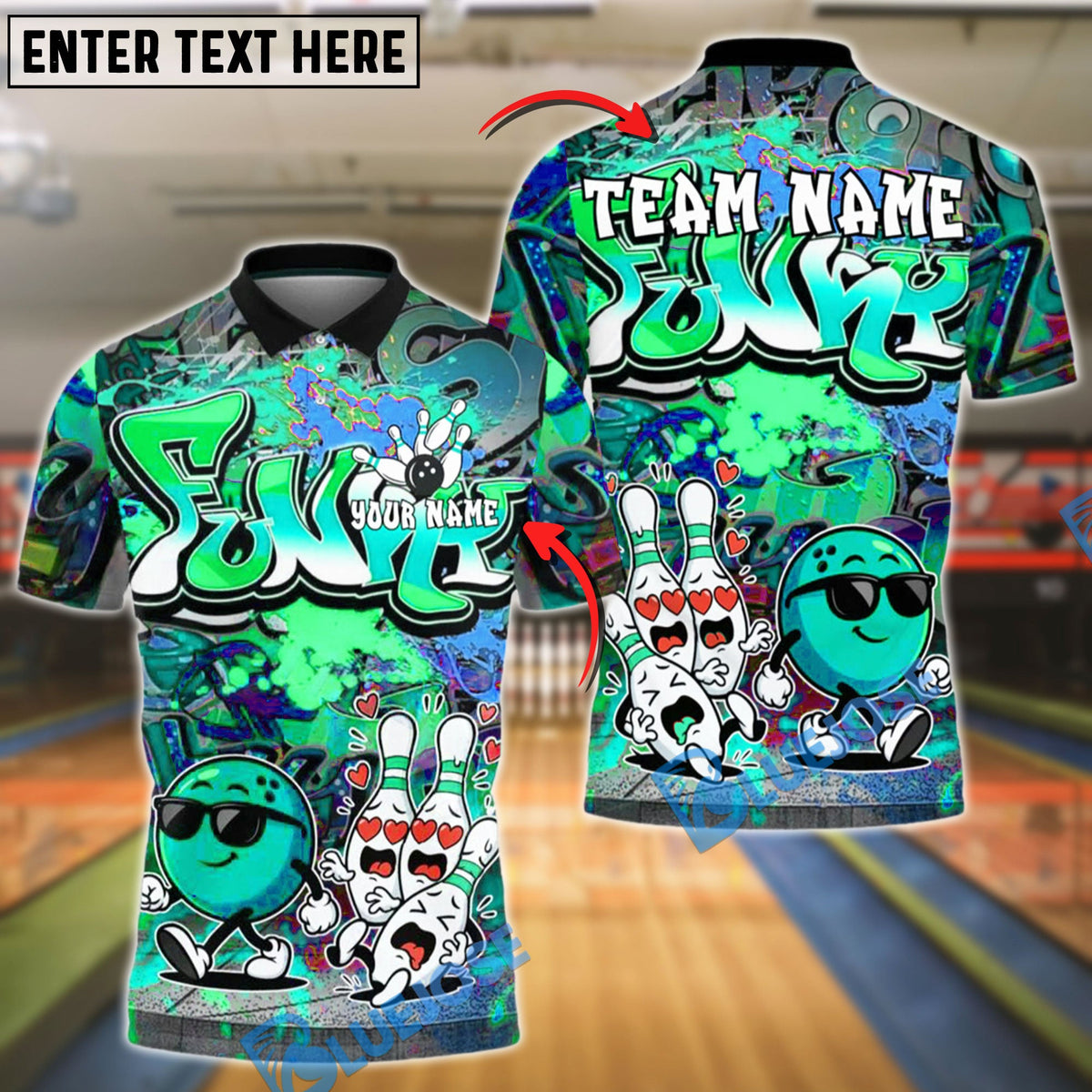 BlueJose Bowling Funky Love Ball Cool Graffiti Style Customized Name, Team Name 3D Shirt (4 Colors)