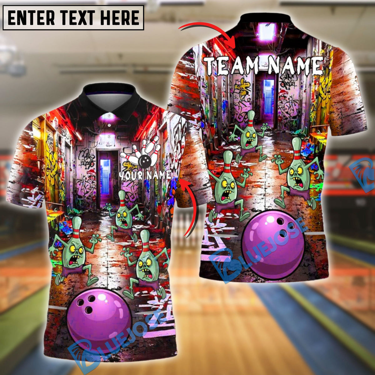 BlueJose Bowling Zombie Pins in Dark Alley Customized Name, Team Name 3D Shirt (4 Colors)