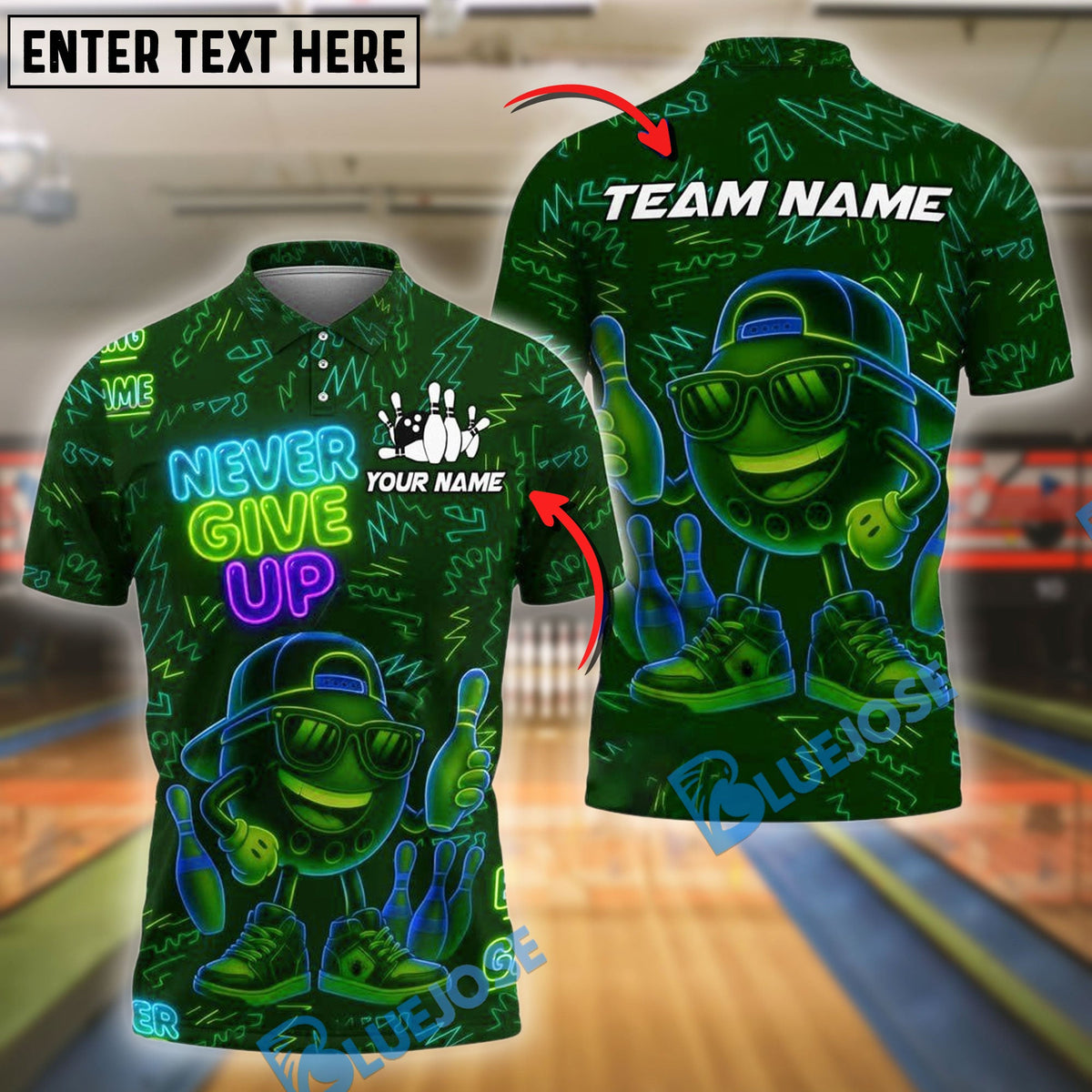 BlueJose Neon Bowling Shirt - Never Give Up Customized Name, Team Name 3D Shirt (4 Colors)
