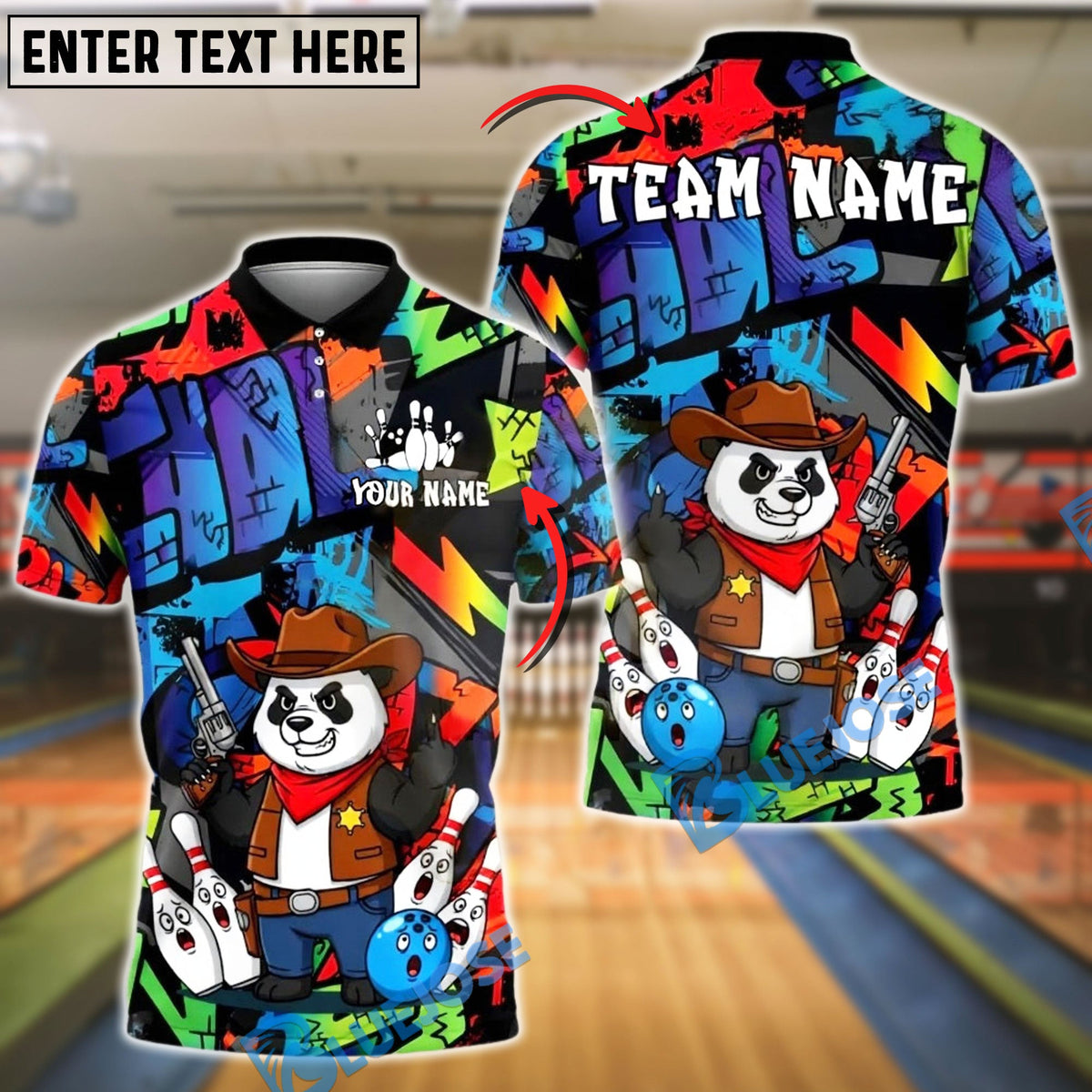BlueJose Bowling And Pins Panda Cowboy Sheriff Customized Name, Team Name 3D Shirt (4 Colors)