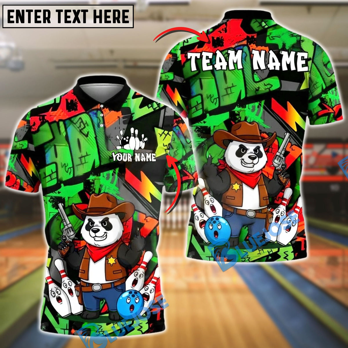 BlueJose Bowling And Pins Panda Cowboy Sheriff Customized Name, Team Name 3D Shirt (4 Colors)
