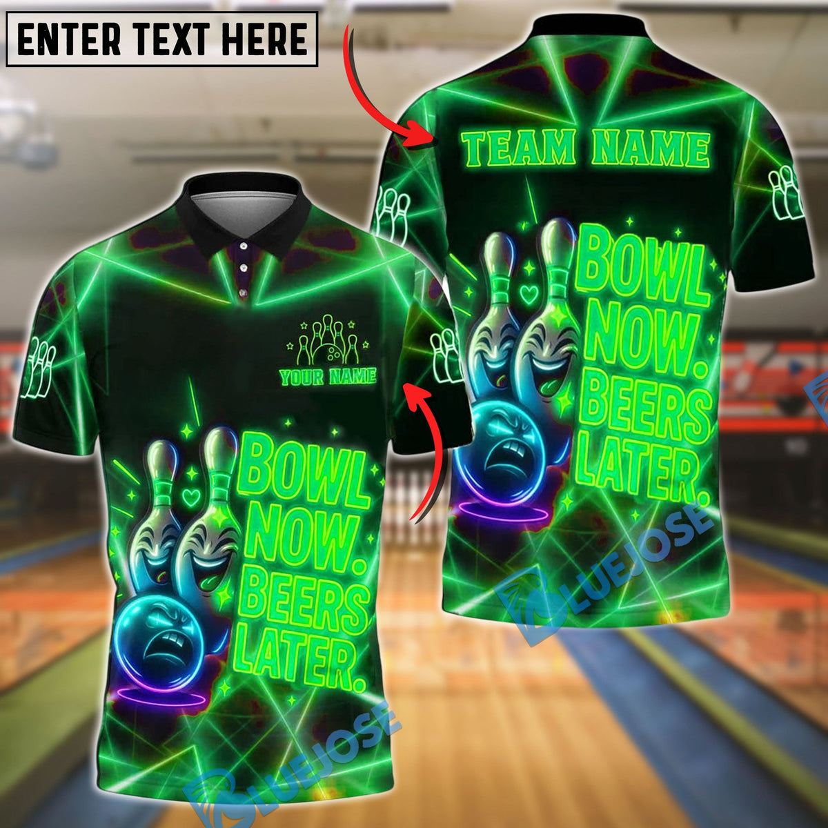 BlueJose Bowling And Pins Neon Now Beers Later Funny Quote Customized Name 3D Shirt (4 Colors)