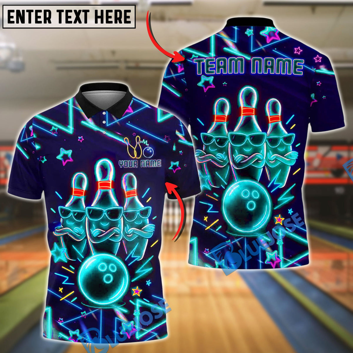 BlueJose Bowling Neon Glow Pin & Ball Style Customized Name, Team Name 3D Shirt (4 Colors)