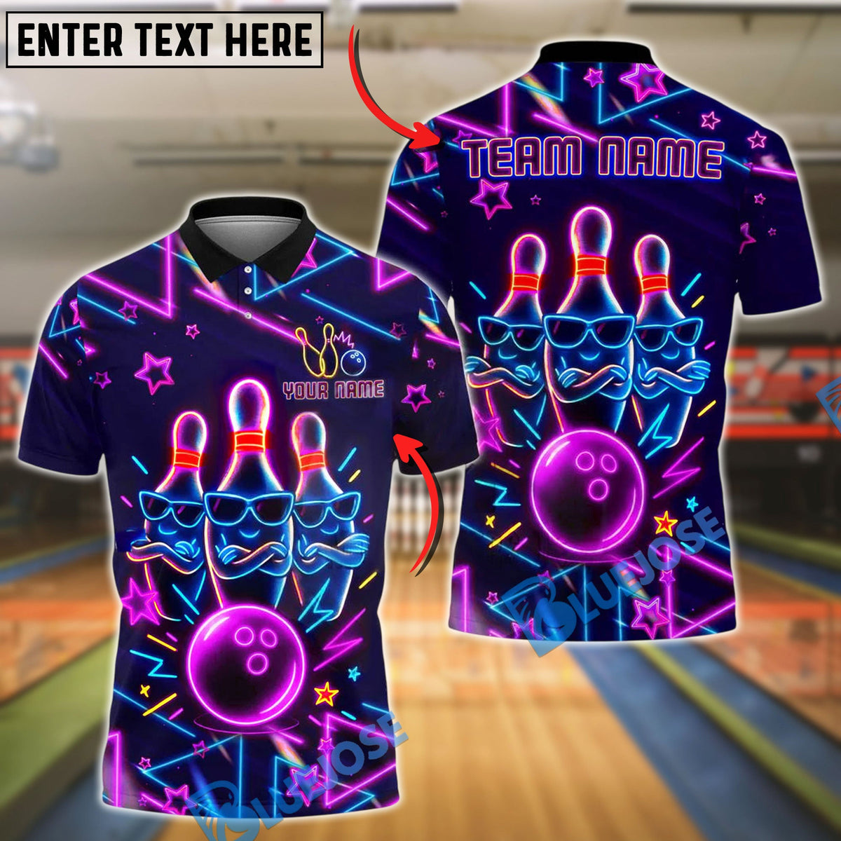 BlueJose Bowling Neon Glow Pin & Ball Style Customized Name, Team Name 3D Shirt (4 Colors)